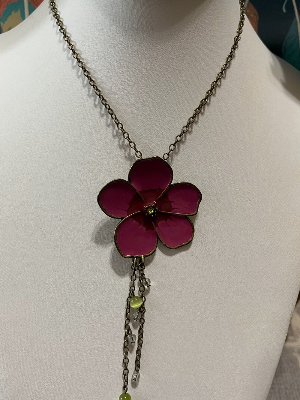 Vintage Floral Pink Enamel Pendant Necklace - Women Jewelry